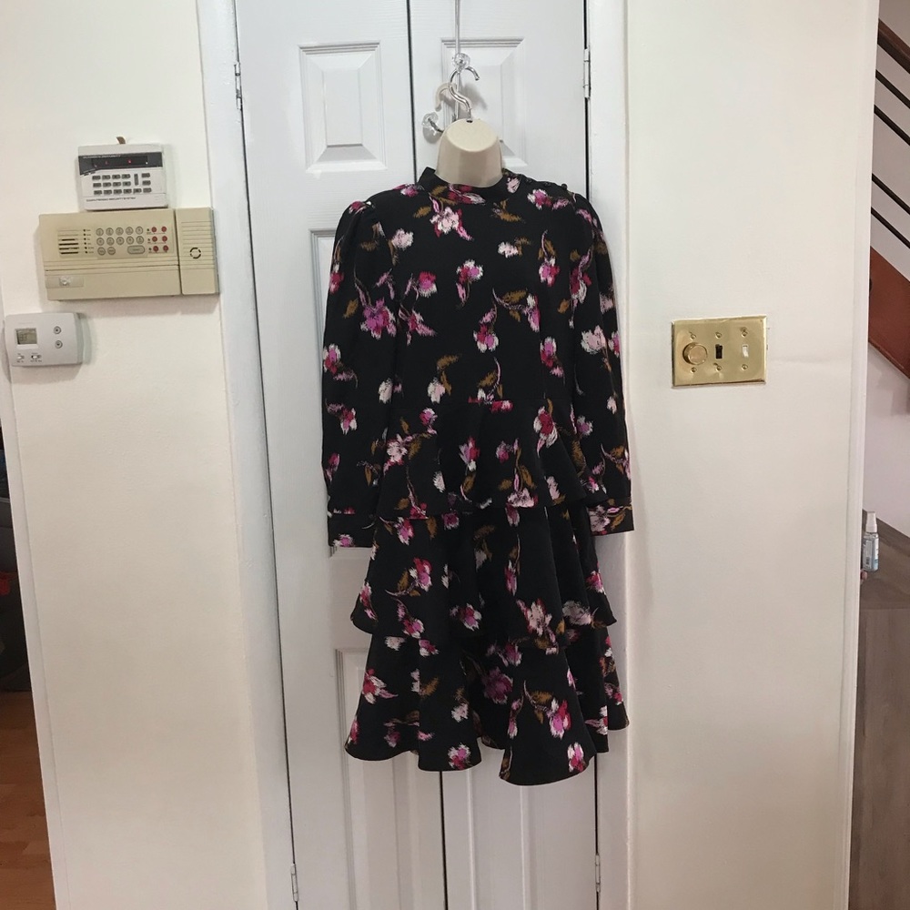 NWT Floral Print Puff Long Sleeve A-Line Dress Bla